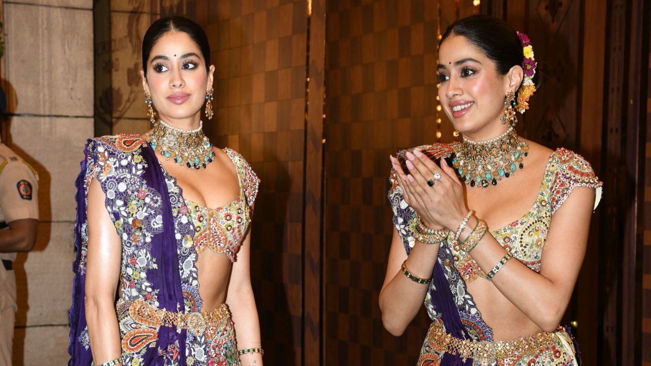 Janhvi Kapoor’s Anamika Khanna Lehenga: The Plunging Choli, Multi-Colour Embroidery and Gold Kamarbandh That Cinched the Frame