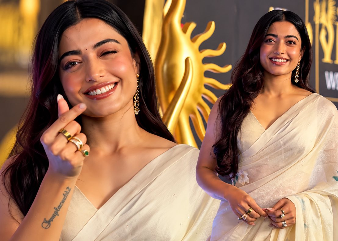 Rashmika Mandanna’s Ivory Floral Saree at IIFA 2027: The Soft Drape, V-Neck Blouse and Quiet Allure That Owned the Press Conference