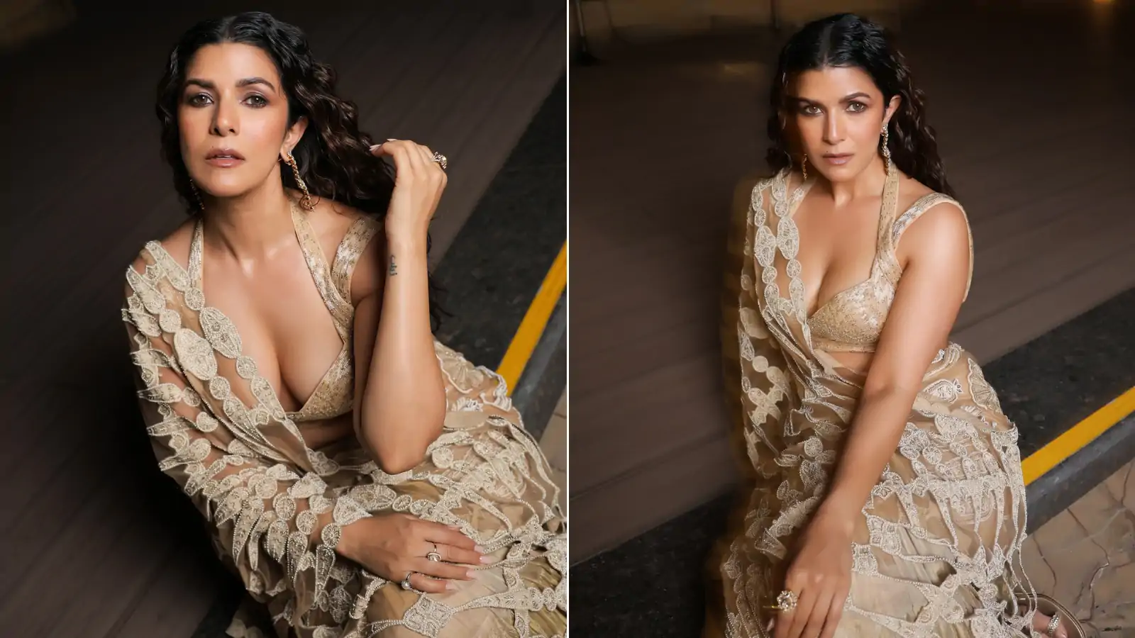 Nimrat Kaur’s Sheer Brown Saree and Plunging Blouse at the Diwali Party: The Silver Work, Beaded Fringe and Open Neckline That Held the Frame
